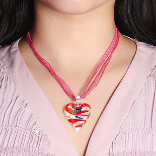 跨境Amazon新品 穆拉诺彩色手工玻璃琉璃爱心吊坠项链 Murano项链