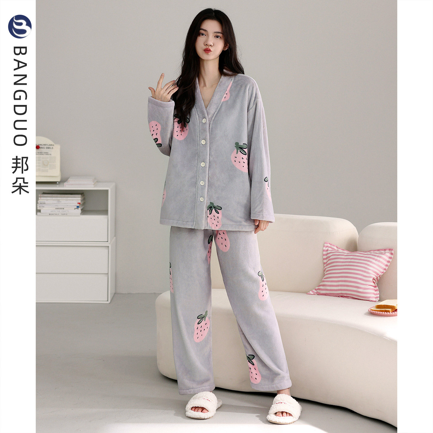 睡衣女士冬季珊瑚绒加厚加绒秋冬法兰绒无领开衫高级感冬款家居服