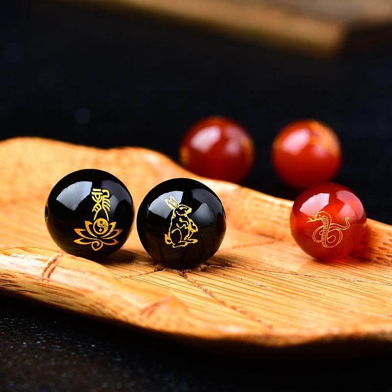 天然黑红玛瑙十二生肖圆珠手串配饰DIY佛珠本命年新款散珠子隔珠