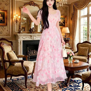 春秋方领浪漫碎花雪纺连衣裙女夏季 气质收腰显瘦仙女长裙 大码