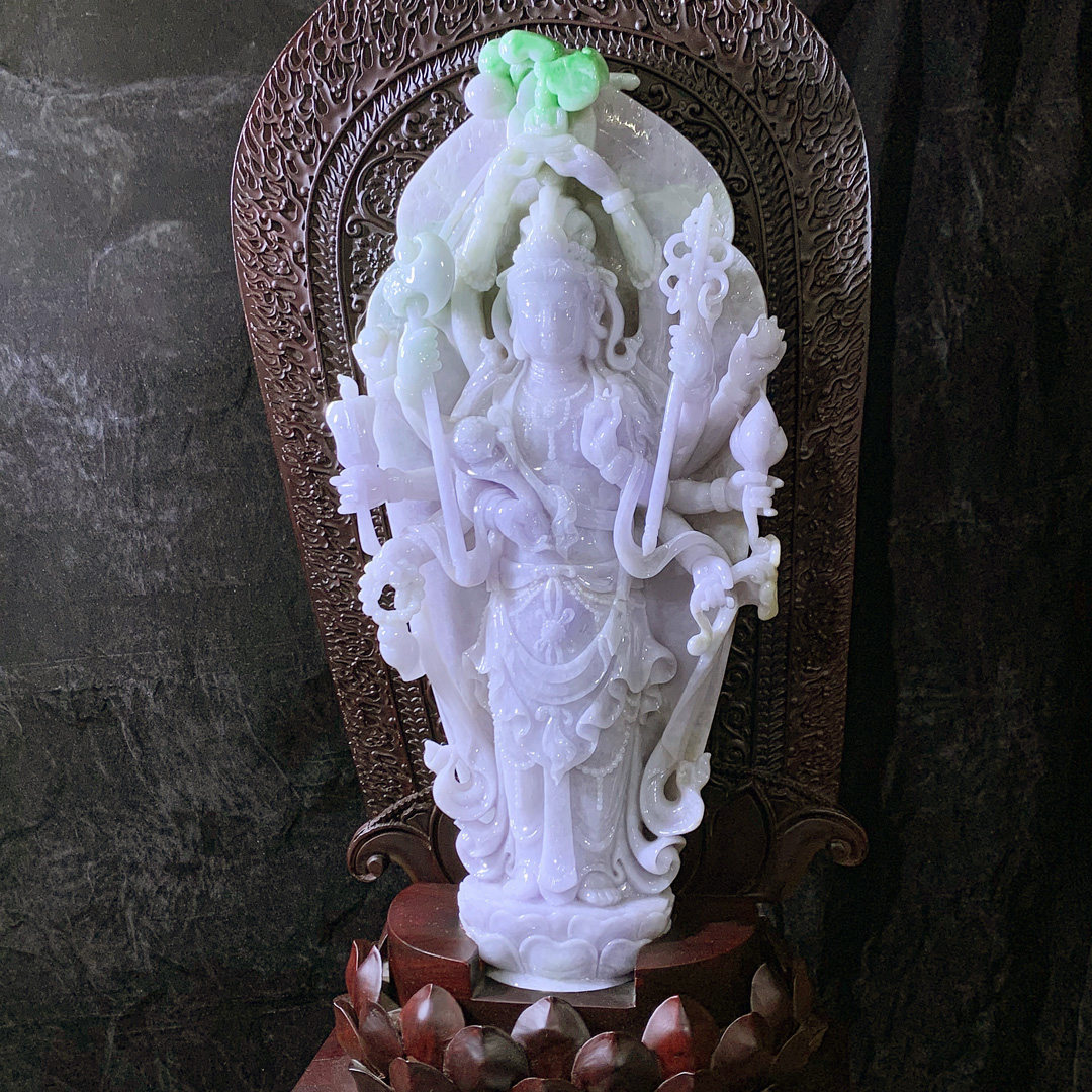 天然缅甸玉春彩翡翠千手观音玉雕件精品居家供奉神像玉摆件包证书