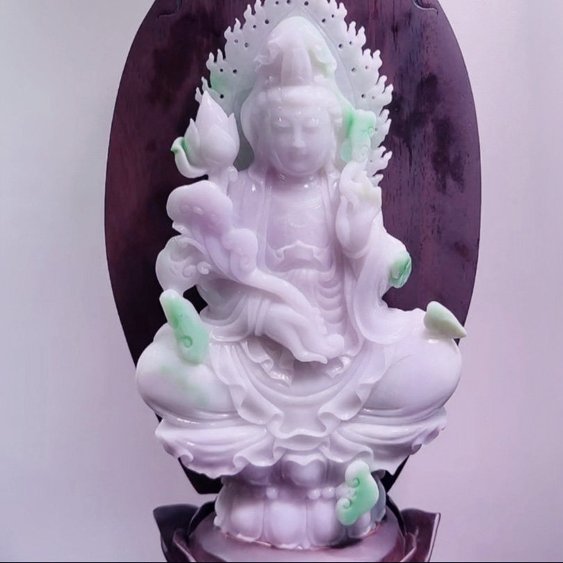 正宗缅甸玉飘花绿翡翠座莲观世音雕件居家供奉客厅佛像摆件精品