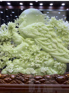 大型玉雕精品牡丹孔雀富贵吉祥