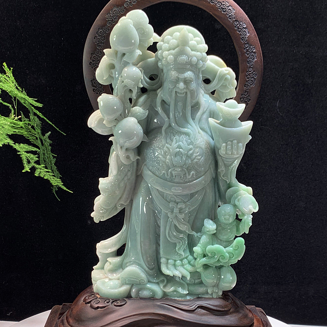 缅甸玉翡翠雕件财神玉摆件居家客厅供奉公司办公室招财纳福玉雕件