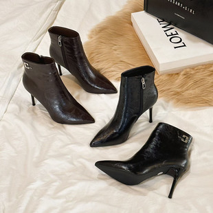 小踝靴细跟高跟鞋 宣典尖头短靴女2025秋冬新款 单靴女气质百搭法式