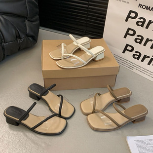 法式外穿高跟凉鞋女2026新款仙女风一字带女士透明细跟露趾凉拖女