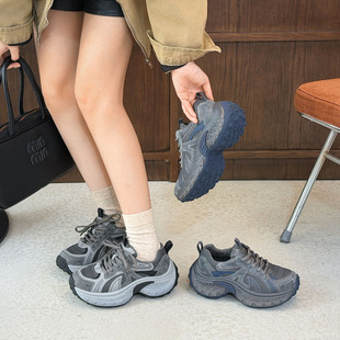 轮胎厚底老爹鞋女款2025新款增高运动鞋真皮不累脚百搭休闲鞋子女