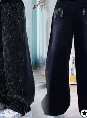 BT2560休闲风满钻阔腿牛仔裤女渐变中腰时尚黑色烫钻裤子街舞爵士