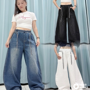 秋冬新款曳步舞长牛仔棉裤烫亮晶晶棉宽松时尚男女同款钻街舞爵士