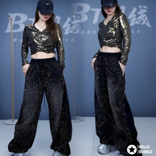 BT2560休闲风满钻阔腿牛仔裤女渐变中腰时尚黑色烫钻裤子街舞爵士