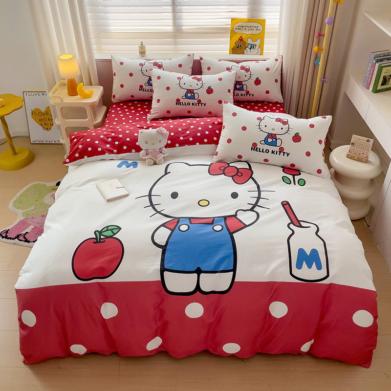 三丽鸥全棉四件套KT猫女孩床笠卡通全棉hellokitty纯棉儿童床被套