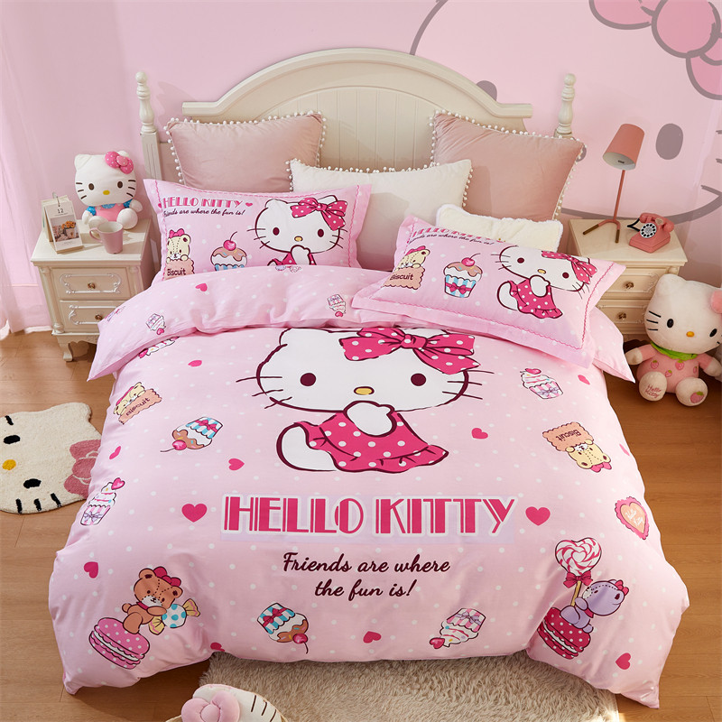 HelloKitty儿童床上四件套全棉纯棉床品女孩床单被套公主风床笠粉