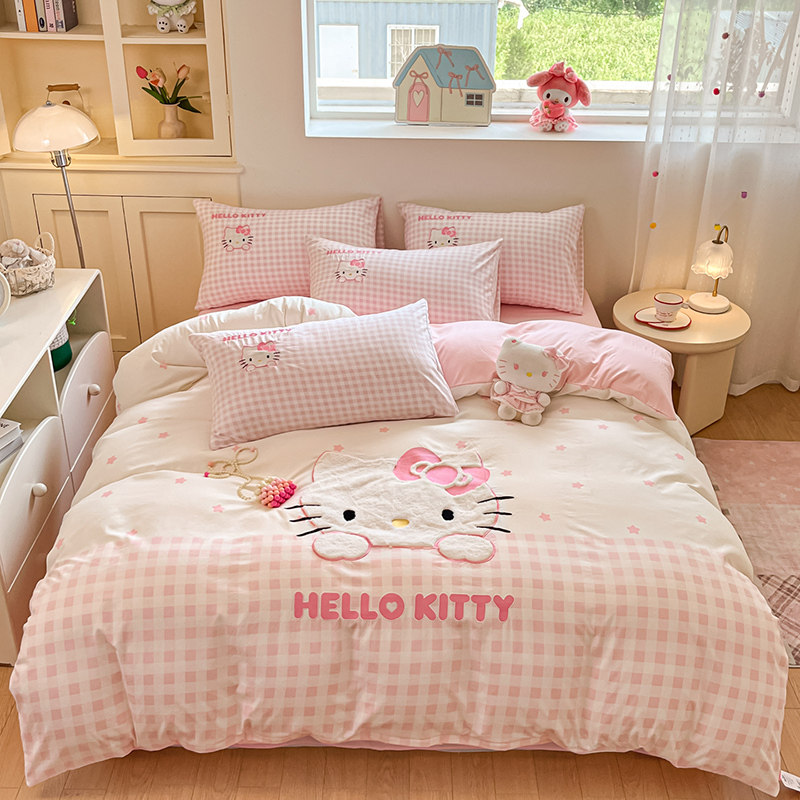 HelloKitty卡通毛巾绣水洗棉床上四件套A类女被套床单学生三件套