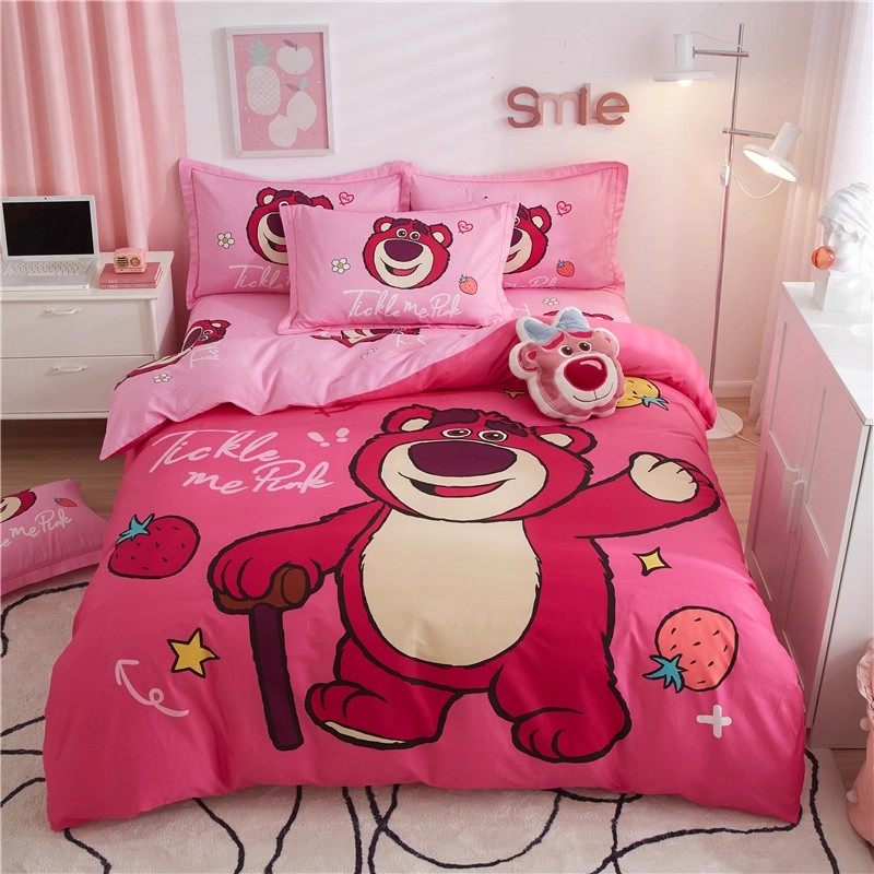 迪士尼全棉四件套草莓熊儿童床上用品纯棉卡通被套女孩床单三件套