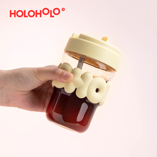 HOLOHOLO玻璃杯双饮吸管杯高硼硅耐高温夏日便携咖啡杯随行水杯