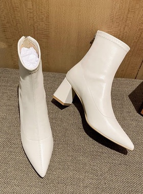 小码31 32 33裸靴女尖头真皮粗跟女鞋4加绒软皮跟高大码短靴41-43