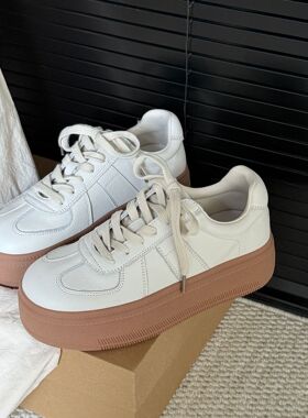 2026春季新款真皮徳训鞋圆头厚底百搭鞋子系带休闲小白鞋女板鞋