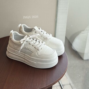 女潮流松糕鞋 2026春季 时尚 小个子6cm轻便厚底休闲真皮小白鞋 新款