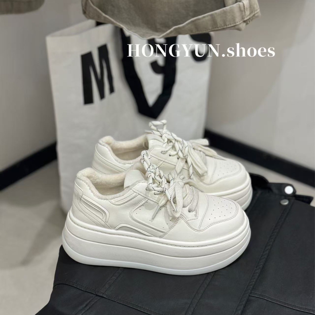 真皮厚底加绒小白鞋女