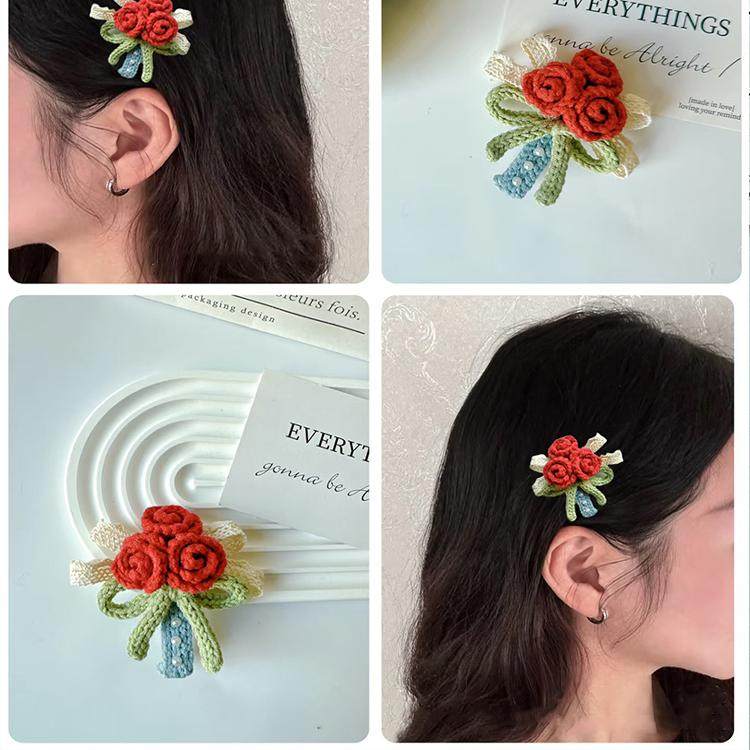 毛线钩针玫瑰花发夹diy材料包手工编织送女友闺蜜礼物编织头饰