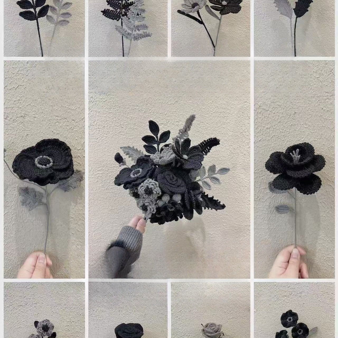 手工钩织黑色系手捧花diy自制材料包毛线钩针仿真永生花束送闺蜜