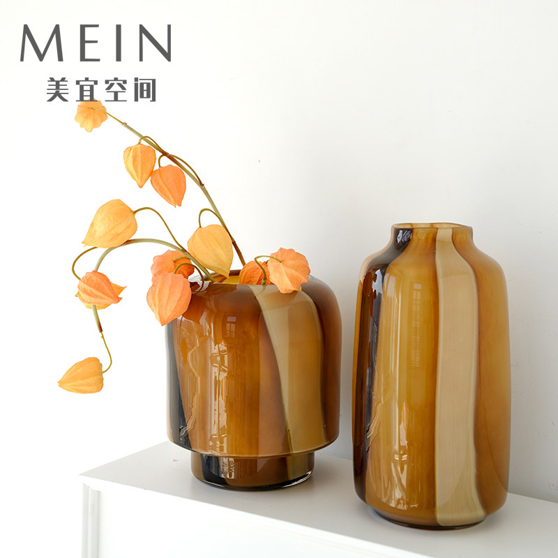 中古侘寂风棕色肌理琉璃花瓶咖色花插样板间新中式轻奢客厅摆件,家居饰品,花瓶,淘宝优惠券,粉丝福利购,淘宝优惠卷
