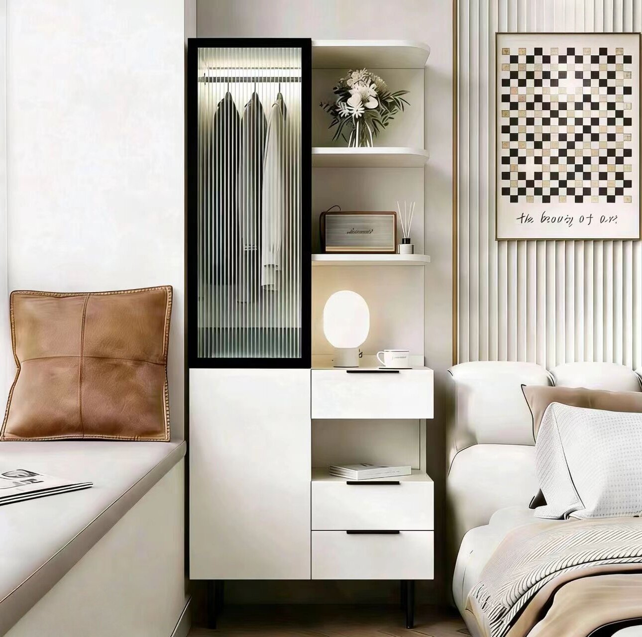 床头书柜置物柜家用卧室现代简约置物架高柜储物柜书架一体奶油风