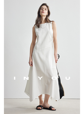 因由 气质休闲极简风优雅长裙无袖亚麻轻盈宽松显瘦白色连衣裙女