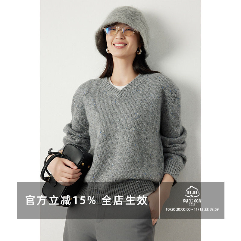 因由 INS风羊毛V领针织衫慵懒舒适感轻暖高级百搭灰色套头毛衣女
