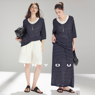 女春夏二件套 T恤套装 因由 亚麻天丝落肩慵懒条纹松紧半身裙短袖