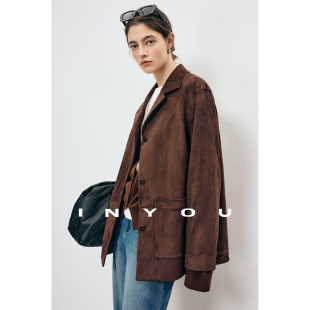 外套女 上衣休闲秋冬廓形单排扣西装 因由 柔雾麂皮绒美拉德长袖
