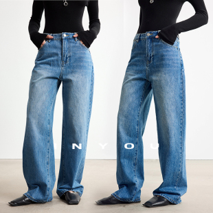 新款 高腰显瘦阔腿牛仔裤 美式 百搭休闲直筒裤 女 复古经典 因由