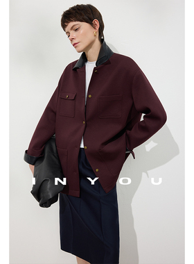 因由【01/16 am10:00上新】巴恩风撞色拼接皮上衣舒适夹克外套女