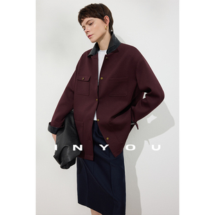 因由 时髦休闲撞色拼接皮上衣舒适夹克外套女 巴恩风2026早春新款