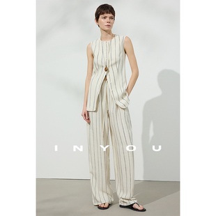 摩登时髦条纹阔腿亚麻休闲裤 因由 春季 新款 马甲上衣女二件套装