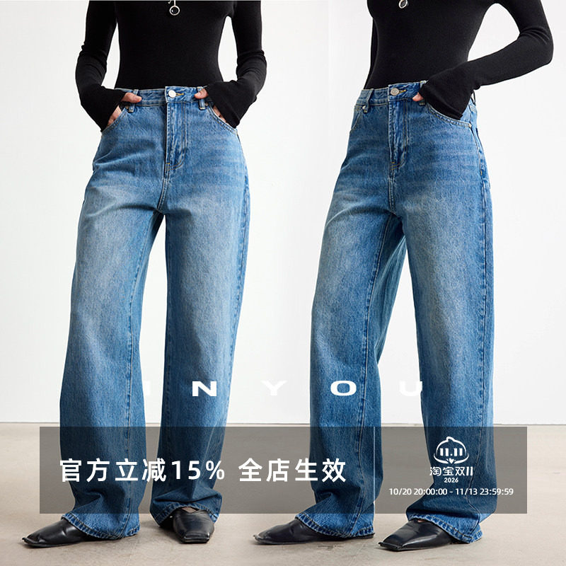因由 新款美式复古经典百搭休闲直筒裤高腰显瘦阔腿牛仔裤女