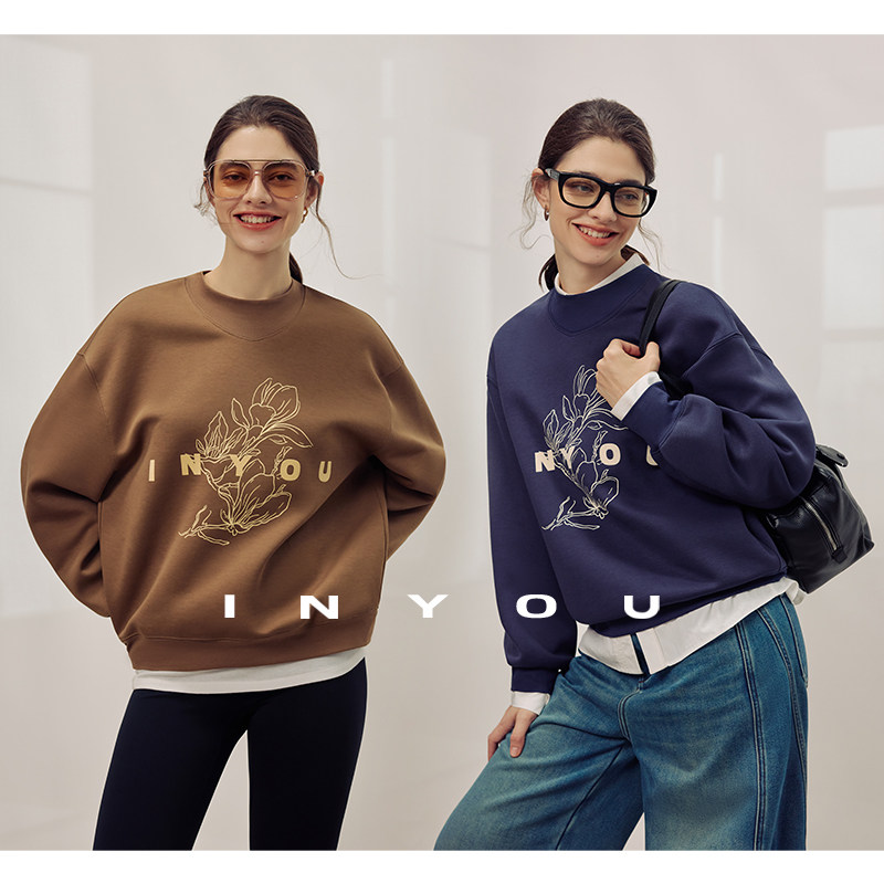 因由 定制新款植绒印花圆领套头春空气棉通勤风百搭休闲长袖卫衣,女装/女士精品,卫衣/绒衫,淘宝优惠券,粉丝福利购,淘宝优惠卷