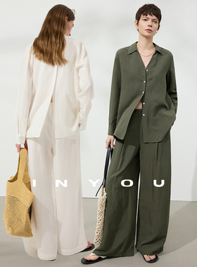 因由【03/05 am10:00上新】ROW风老钱休闲度假风V领衬衫长裤套装