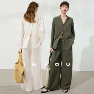 套装 长裤 女 亚麻天丝ROW风老钱休闲春夏二件套度假风V领衬衫 因由