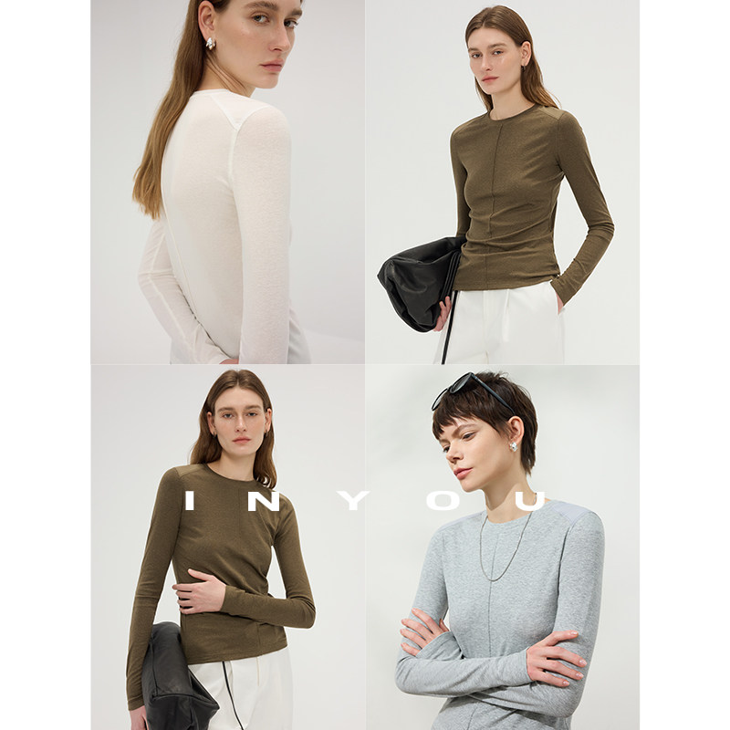 因由 2026春夏亚麻极简轻奢结构拼接针织打底修身圆领长袖T恤女