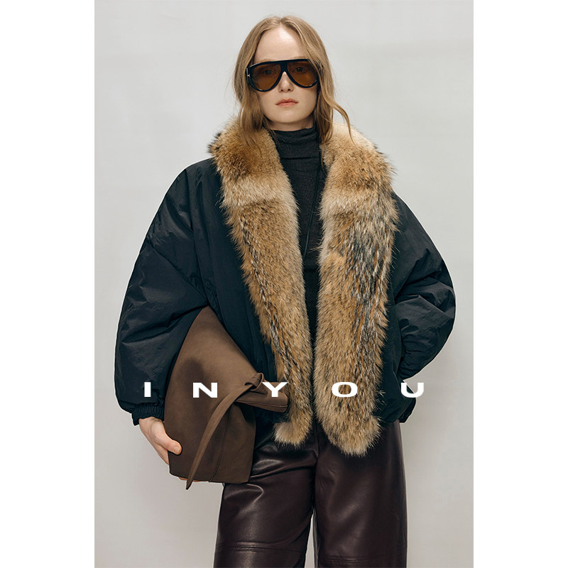 因由 轻盈90白鹅绒毛领贵族轻奢气质皮草短款派克羽绒服外套女