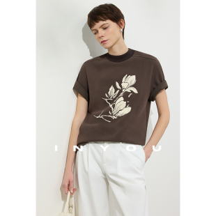 T恤女 圆领休闲风气质简约轻奢短袖 因由 极简新春夏26玉兰植绒修身