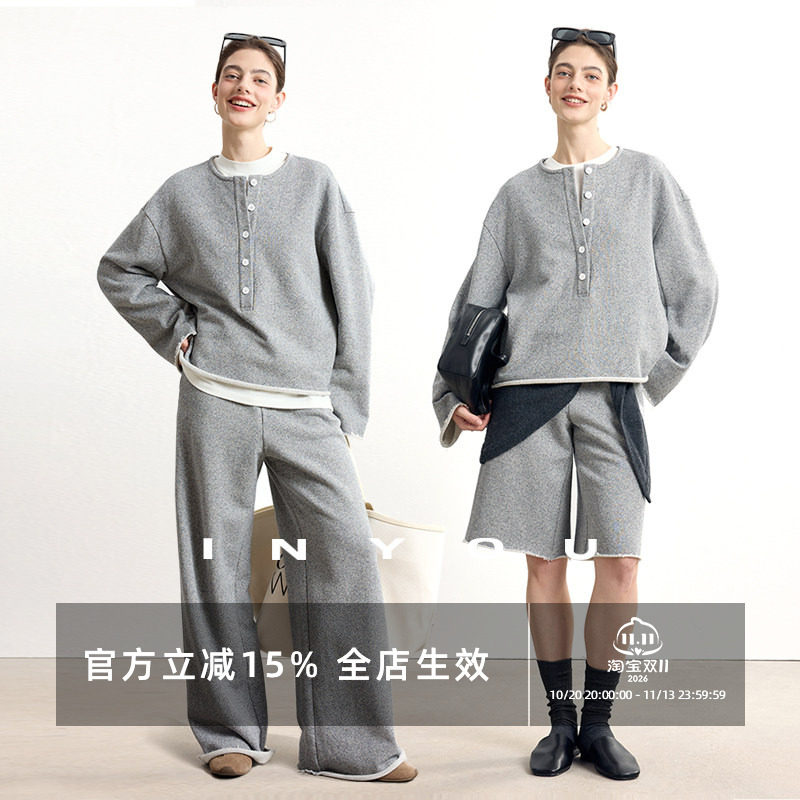 因由 慵懒风简约气质美式复古显瘦卫衣长裤五分裤早秋休闲套装女