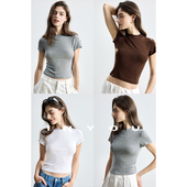 小上衣極简高弹修身 因由 百搭运动短款 显瘦圆领直角肩卡戴珊T恤女