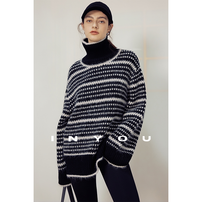 因由 北欧复古风提花绵羊毛高领保暖长袖秋冬内搭套头毛衣女