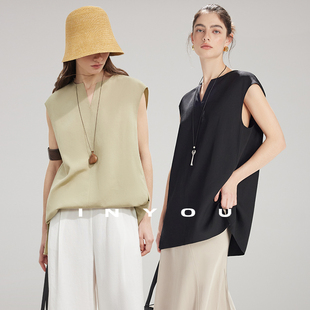 老钱松弛感亚麻无袖 因由 复古小V领上衣女 00上新 am10
