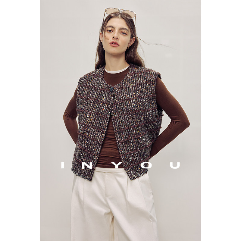 因由 时髦气质叠穿中古咖花呢圆领毛边小短款编织马甲上衣女,女装/女士精品,马夹,淘宝优惠券,粉丝福利购,淘宝优惠卷