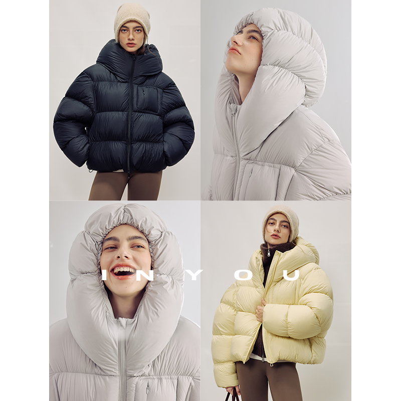 因由  95白鸭绒2025秋冬新款外套连帽立体保暖绗短款羽绒服女