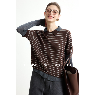 因由 女 设计感条纹小众百搭轻柔绵羊毛肌理感假两件条纹针织衫