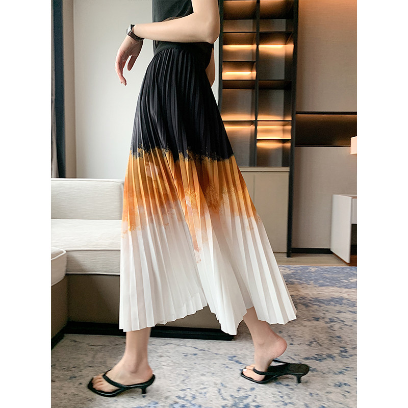 因由 时髦三拼色立体半身裙春季新款百褶裙韩版精致重工百搭长裙
